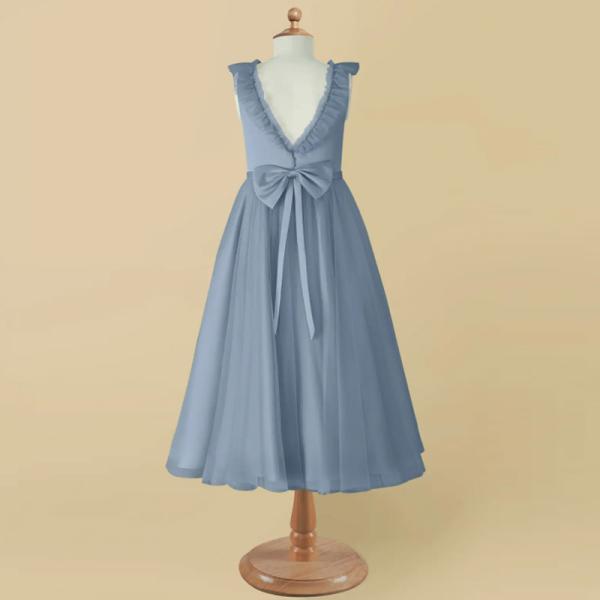 Popular Girl Kids Dress Blue Tulle OEM ODM Baby Flower Girl Dresses Sleeveless Round Neckline Ruffles Ball Gown Retailer