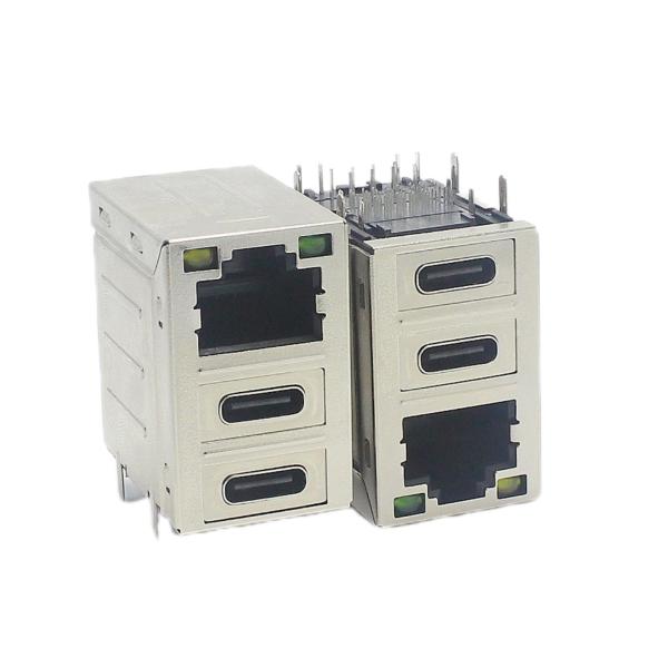 Buy STD Dual Type C Female Stacked USB Connectors Combo Micro USB PCB Mount RJ45 W/ Leds at wholesale prices