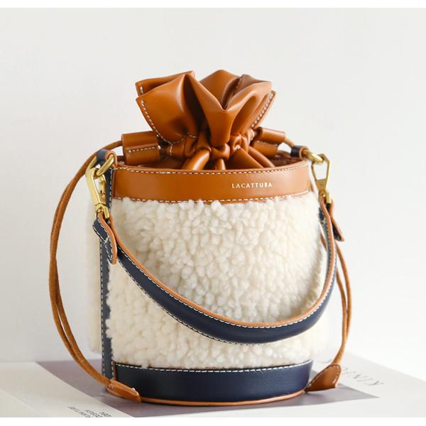 Buy 15cm One Strap Bucket Bag Lamb Wool Drawstring Messenger Bag at wholesale prices
