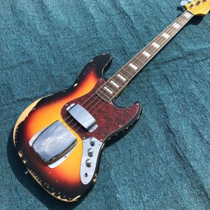 Heavy Relic Jazz Bass Electric Guitar Sunburst Color Alder Body 100% Handmade
