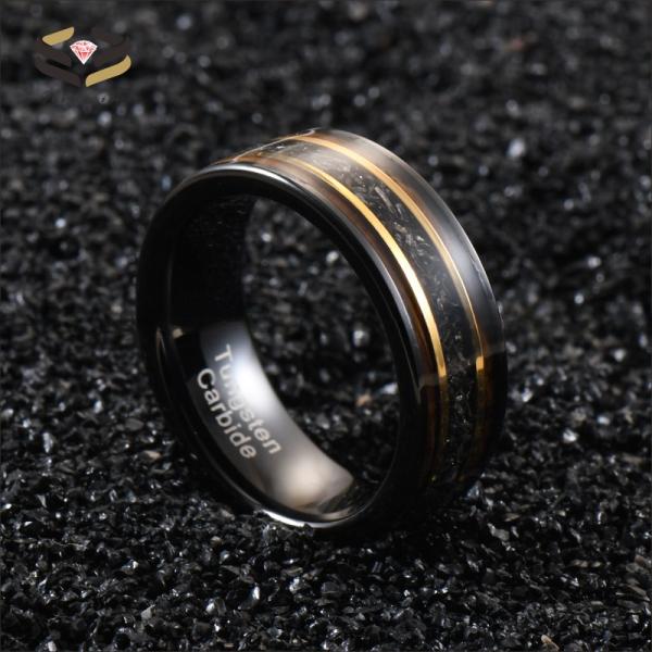 8mm Tungsten Carbide Ring with Gold Line Whiskey Barrel Wood and Meteorite Inlay Trendy Men's Anniversary Selection