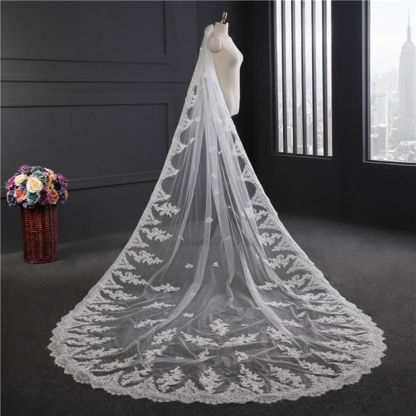 New Styles Customized Appliqued Lace 3.5m*1.8m Cathedral Tulle Bridal Wedding White Veil With Hair Comb
