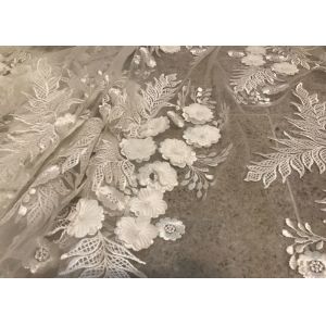 Off White Mesh 3D Flower Embroidery Beaded Lace Fabric 50" Wide 1 Yard
