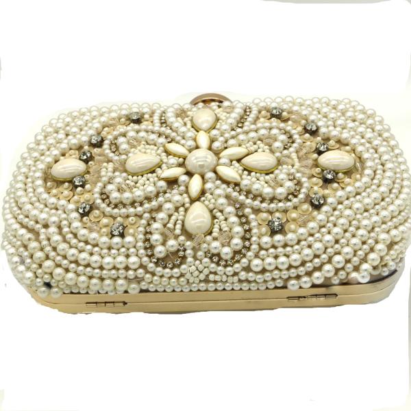 Buy Sewing Pearl Evening Clutch Handbag Purse Beige Fashion For Ladies Dinner at wholesale prices