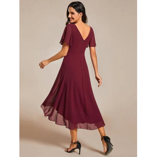 Chic V-neck High-low Short Flutter Sleeves A-line Ruffles Midi Invisible Zipper Burgundy Chiffon Prom Dress