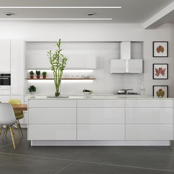 White Handle-less Doors Stainless Steel Storage Modern Kitchen Cabinets Set