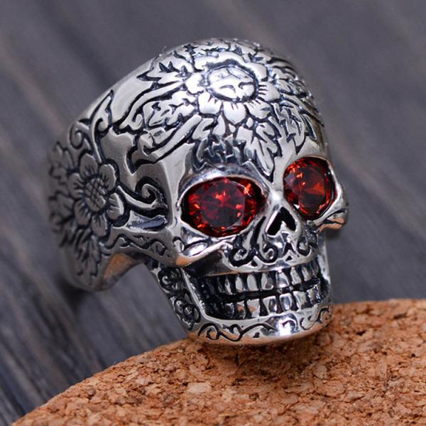 Men Retro Jewelry Heavy Sterling Silver Skull Ring with Red Cubic Zircon (043352)