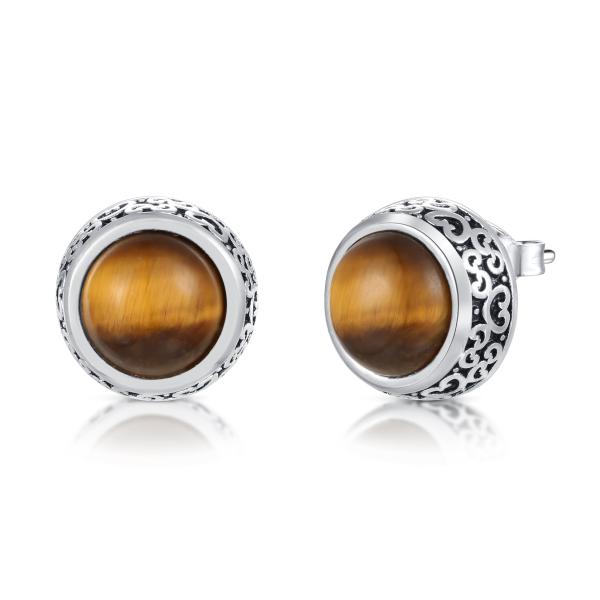 Wedding 925 Silver Gemstone Rings Round Shape Engagement Tiger'S Eye Rings