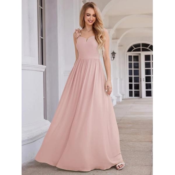 Elegant V-neck Floral Strap Empire A-line Waist Pink Chiffon Bridesmaid Dress