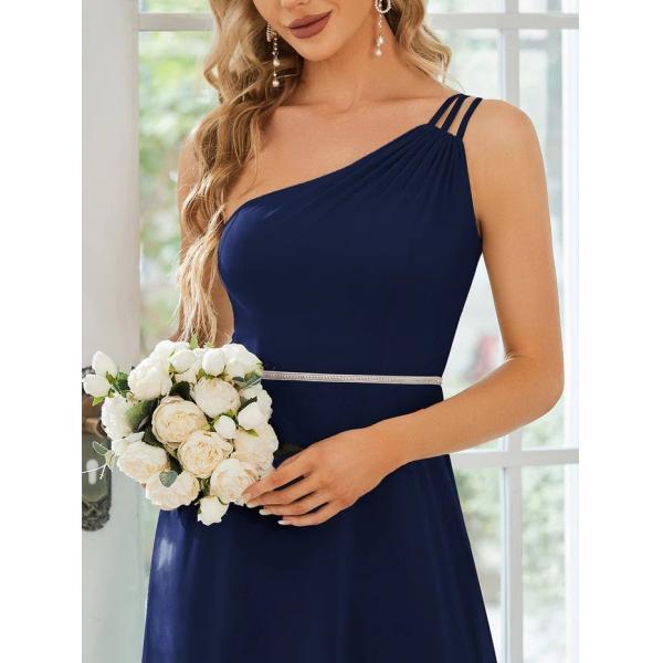 Asymmetry Custom Size Spaghetti Strap One-shoulder A-line Navy Blue Flowy Chiffon Graduation Dress