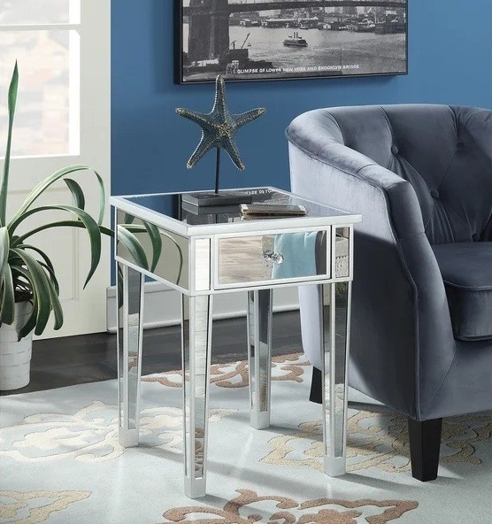 Buy Sparkly silver mirrored nightstand square shaped end table 1 drawer corner table for living room at wholesale prices