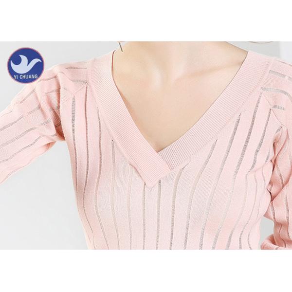Vertical Transparent Stripes Womens Knit Pullover Sweater Pink Double V Neck Top