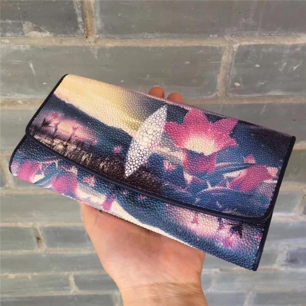 Authentic Exotic Stingray Skin Women's Long Wallet Genuine Leather Lady Floral Clutch Purse Female Large Card Holders