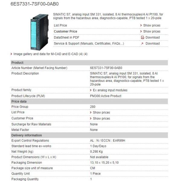 6ES7331-7SF00-0AB0 Siemens Analog Input Module