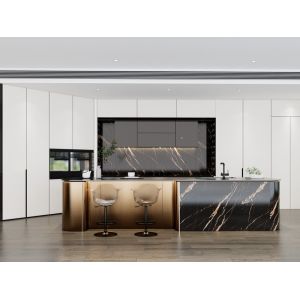 Luxury SS Modern Kitchen Cabinet With Multifunctional Curved Metallic Gold