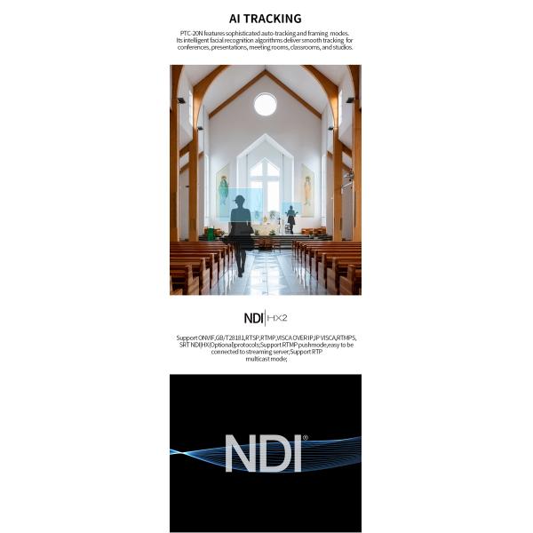 PTC-20N NDI HX2 PoE HD-MI 3G-SDI 4K30 UHD IP Auto Tracking PTZ Camera Stream Live
