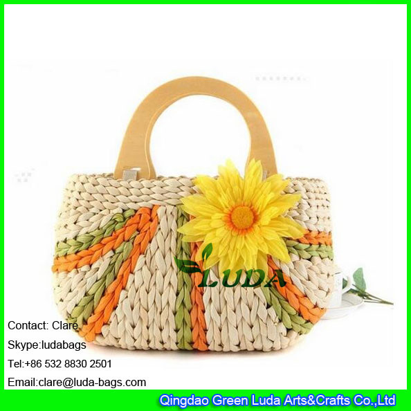 LDYP-039 handwoven small straw hobo bag sunflower wooden handles' cornhusk straw
