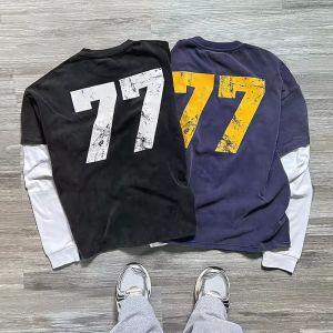 Custom Double Layer Long Sleeve Tshirt Print Logo Graphic Tee Acid Wash Sun