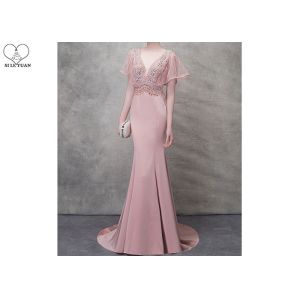 Pink V Neck Mermaid Prom Dress Lotus Leaf Sleeve Top Heavy Beading Backless