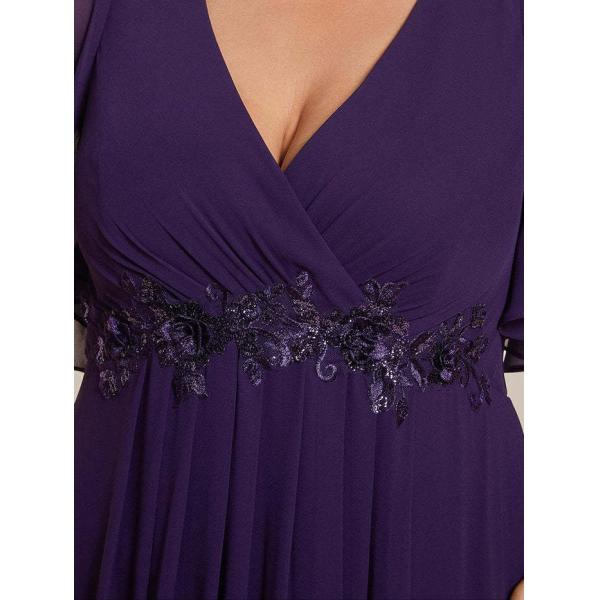 Sexy Empire Applique A-line Short Flutter Sleeves V-neck Invisible Zipper Dark Purple Chiffon Bridesmaid Dress