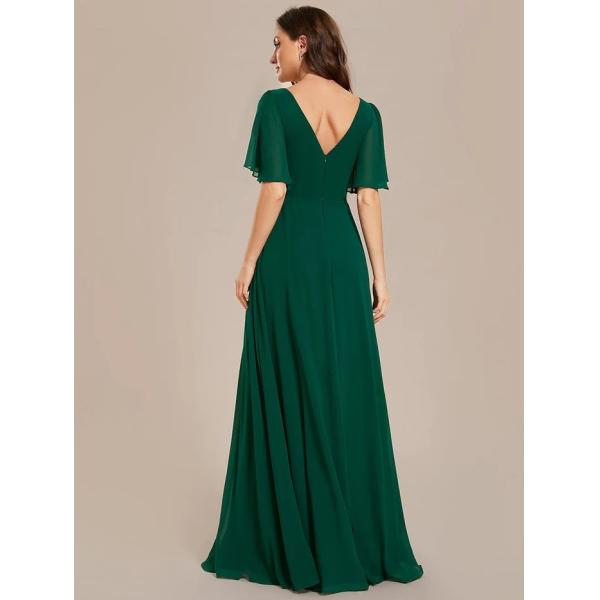 Simple V-neck Zipper Short Sleeves Empire Waist A-line Maxi Ruffled Dark Green Chiffon Bridesmaid Dress