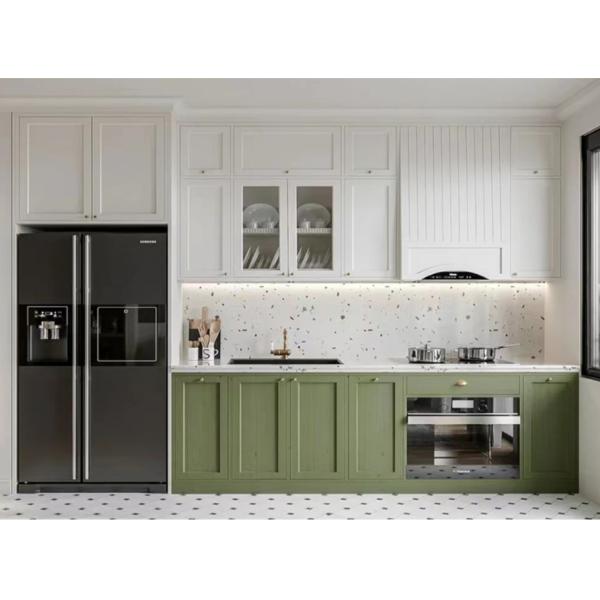 Buy Light Green Solid Wood Kitchen Cabinets Island Shape Customization at wholesale prices