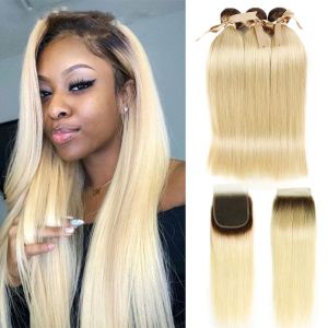 1b/613 Brazilian Straight Hair Weave Bundles With Closure Golden Color