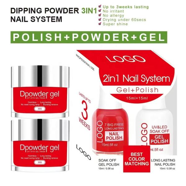 Fast Drying Dip Powder 3 in 1 Set Perfect Color Matching Gel Polish Nail Lacquer Varnish OEM Nails Dipping Powder Kit Customized