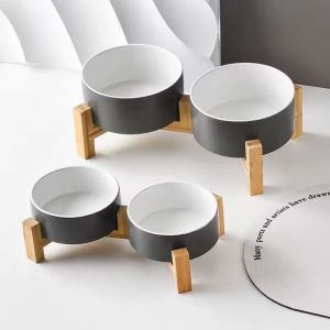 Wood Stand Non-Slip Matte Glaze Weighted Food Water Set for Cats &Small Dogs