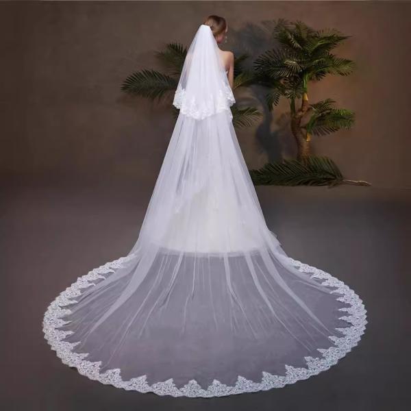 New Styles Customized Two Layers Appliqued Lace 3.5m*3m Cathedral Tulle Bridal Wedding White Veil With Hair Comb