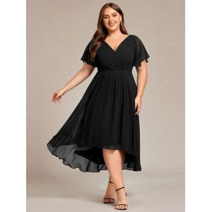 Chic V-neck High-low Short Flutter Sleeves A-line Ruffle Midi Invisible Zipper