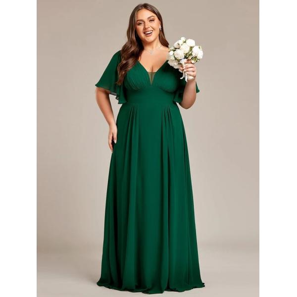 Simple V-neck Zipper Short Sleeves Empire Waist A-line Maxi Ruffled Dark Green Chiffon Bridesmaid Dress