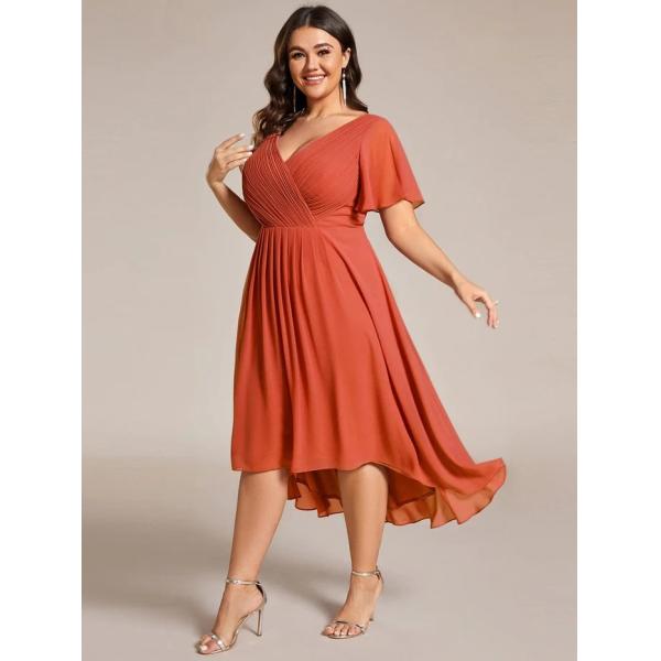 Empire Plus Size V-neck High-low A-line Short Sleeve Ruffled Burnt Orange Chiffon Wedding Guest Prom Dress