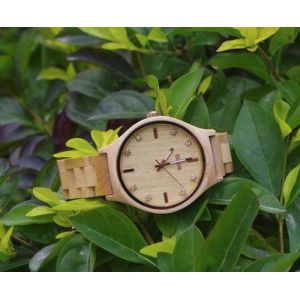 Bamboo Ebony Wooden Wrist Watch With Wood Diamond Dial White