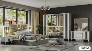 China Wood Panel MDF Glass Bedroom Furniture Set King Bed White Dresser Black Nightstand on sale