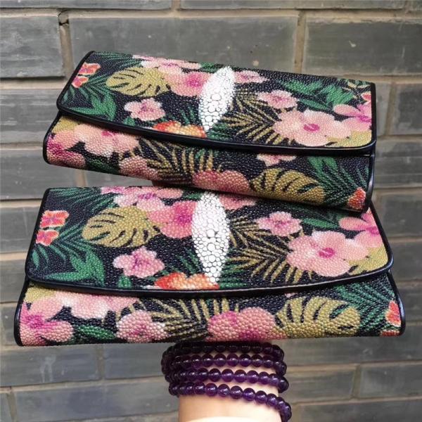 Authentic Stingray Skin Female Long Flower Trifold Wallet Genuine Leather Lady Large Clutch Bag Women Floral Coin Purse