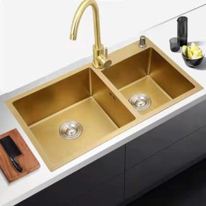 Double Basin Satin Finish Matte Gold Kitchen Sink Depth 220mm