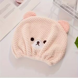 Super Absorbent Coral Fleece Hair Drying Cap with Cute Bear Design and Elastic