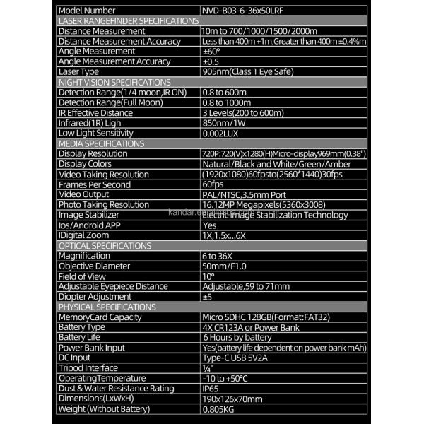6-36x50 Night Vision Binocular with Laser Range Finder 700m Magnification 6 to 36x