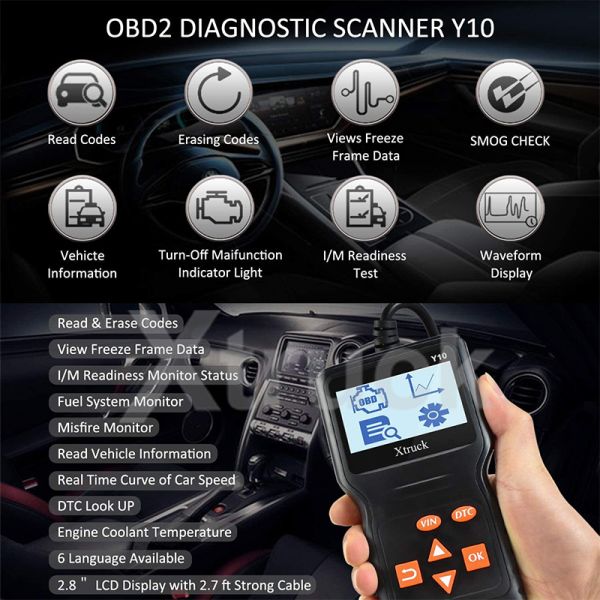 Xtruck Y10 OBD2 Scanner and Car Diagnostic Tool with Read/Erase Fault Codes I/M Readiness Monitor and Misfire Monitor