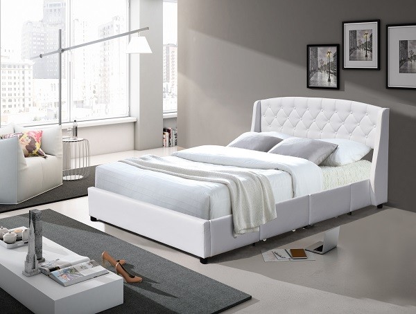 Buy Two LED Ears Faux Leather Queen Size Upholstered Bed 4 Mental Drawers Tufted Buttons at wholesale prices