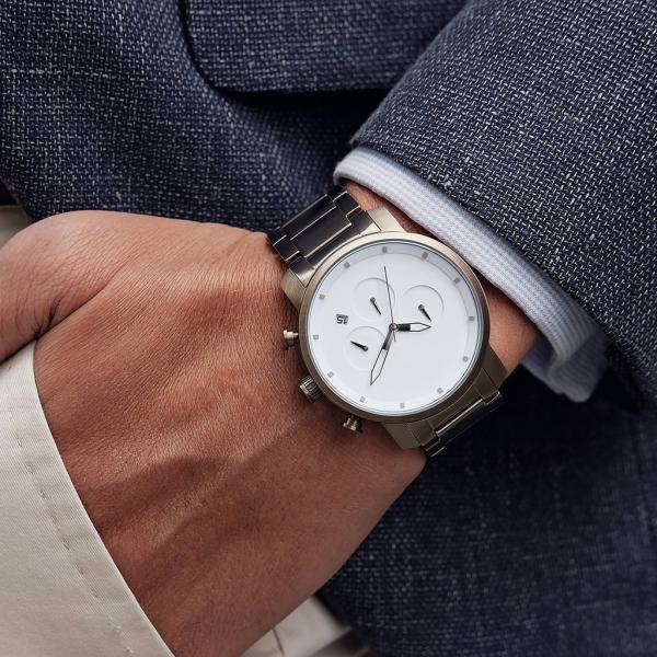 Three eyes chronograph japan mov't stainless steel watch with chain strap