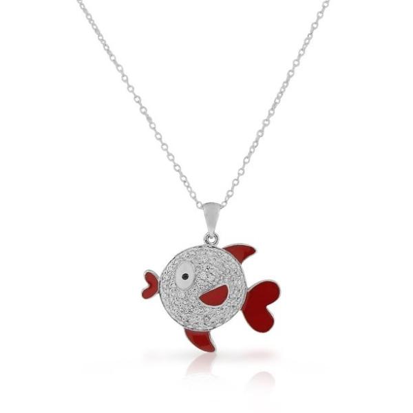 Buy Sea Life Red Enamel White Clear CZ Fish Pendant Necklace 925 Sterling Silver at wholesale prices