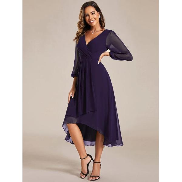 Elegant Empire Long Sleeve V-neck High Low A-line Ruffled Midi Dark Purple Chiffon Wedding Guest Cocktail Dress