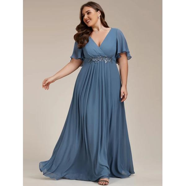 Empire Plus Size Applique Short Sleeve A-line V-neck Flutter Sleeves Invisible Zipper Dusty Navy Chiffon Bridesmaid Dres