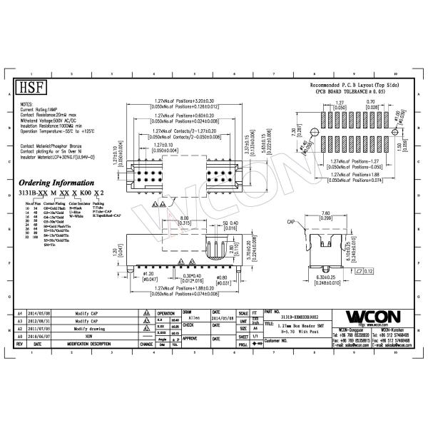 1.27 Box Header Connector SMT With Post UL Male Phosphor Bronze LCP 30%GF( UL94V-0 )