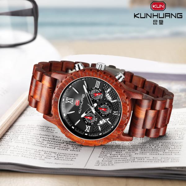 Man Red Sandal Wooden Quartz Watch Black Dial 6 Pointers 1014-3