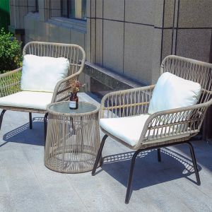 Quality Garden Table Chairs Rattan Set Patio Dining Chair Rope Woven Beach Chair Wood for sale