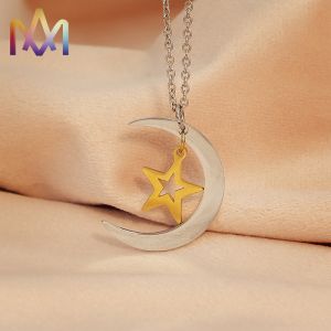 Engravable SS Moon And Star Pendant Necklace For Women