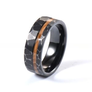 Trendy Vintage Whiskey Barrel Wood Inlay Black Hammered Tungsten Ring Wedding